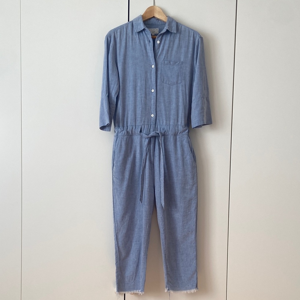 Women's Linen-Blend Chambray Jumpsuit with Tie Waist | Size Small | Light Blue
